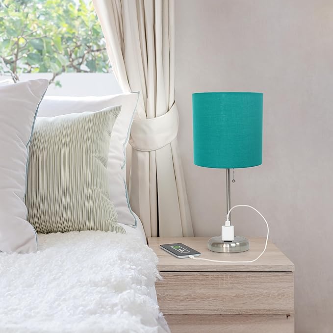Simple Designs LT1144-TEL Sleek and Slender Brushed Steel Table Lamp with Charging Outlet, for Bedroom, Living Room, Entryway, Office, Dining Room, Study, Teal Shade - LeafyLoom