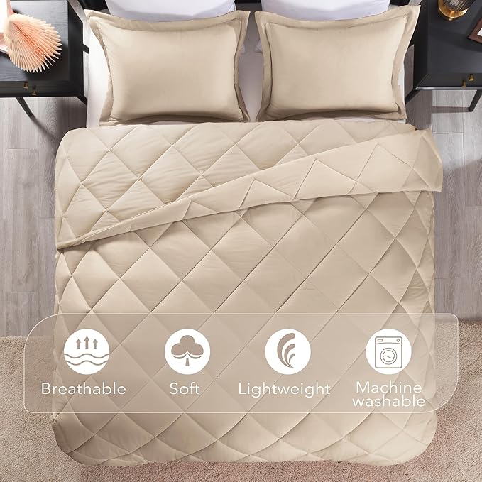 downluxe King Size Comforter Set - Khaki King Comforter Set, 3 Pieces Soft Solid Comforter King Size Set for All Seasons, 1 Lightweight Fluffy Comforter (104"x92") and 2 Pillow Shams - LeafyLoom
