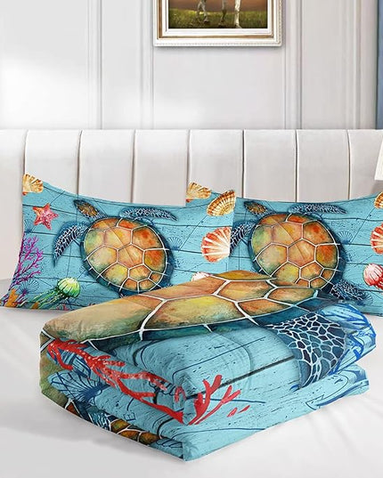 Datura home Sea Turtle Bedding Comforter Set Sea Turtle Ocean Beach Printed Pattern Bedding Set with 1 Comforter and 2 Pillowcases for Boys Bedroom All Season(Sea Turtle Queen), Queen 90x90inches - LeafyLoom