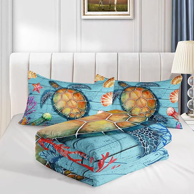 Datura home Sea Turtle Bedding Comforter Set Sea Turtle Ocean Beach Printed Pattern Bedding Set with 1 Comforter and 2 Pillowcases for Boys Bedroom All Season(Sea Turtle Twin) - LeafyLoom