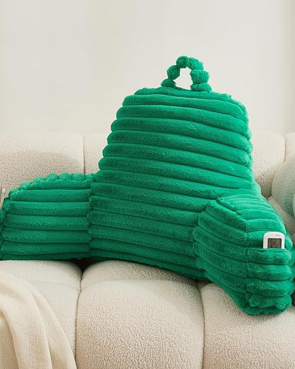 WERDIM Reading Pillow for Sitting in Bed, Faux Fur Back Pillow for Bed Rest, Bed Chair Pillow with Arms and Pockets(Large, Emerald) - LeafyLoom