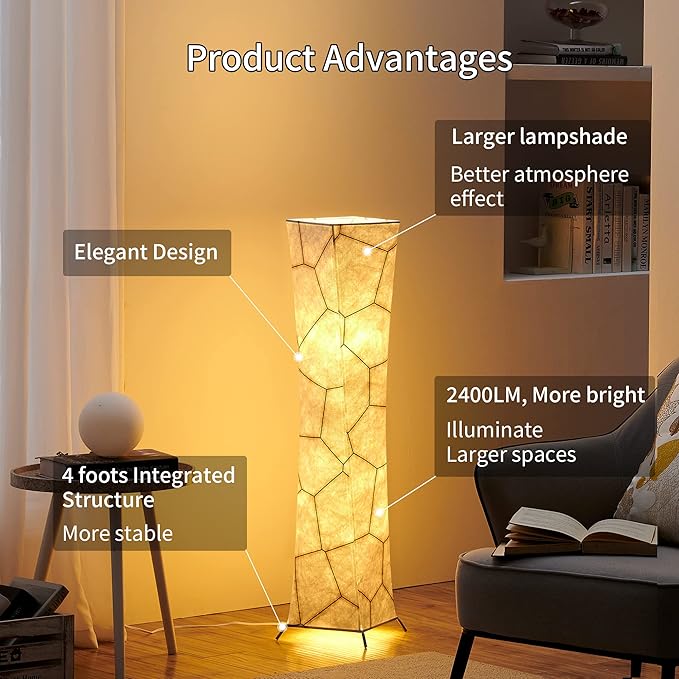 chiphy Floor Lamp, 39" Tall Standing Lamp, 3 Levels Adjustable Brightness LED Bulbs, Column Floor Light, Marble Gradient Fabric Lampshade, Home Decor for Living Room, Bedroom, Kids Room - LeafyLoom