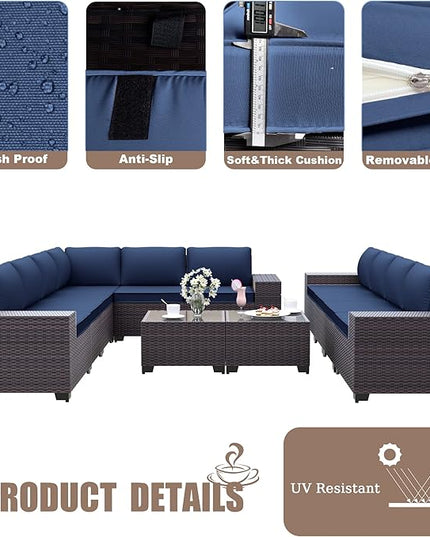 Patio Furniture Set Sofa 12-Pieces Wicker Sectional Sofa Set, Outdoor Furniture Rattan Patio Conversation Set with Thickened Cushions and Glass Coffee Table, Navy Blue - LeafyLoom