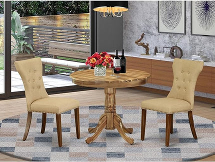 East West Furniture ANGA3-ANA-03 3 Piece Dining Set for Small Spaces Contains a Round Kitchen Table with Pedestal and 2 Brown Linen Fabric Parsons Chairs, Natural - LeafyLoom