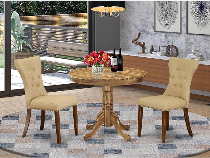 East West Furniture ANGA3-ANA-03 3 Piece Dining Set for Small Spaces Contains a Round Kitchen Table with Pedestal and 2 Brown Linen Fabric Parsons Chairs, Natural - LeafyLoom
