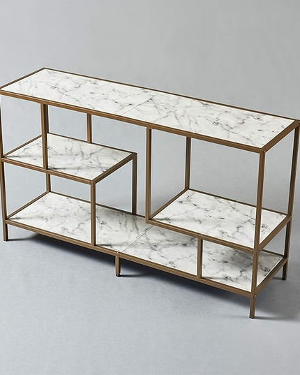 Teamson Home Marmo Sideboard Storage Cabinet TV Stand with Faux Marble Top for Livingroom Home and Office, 32 Inch Height, Brass - LeafyLoom