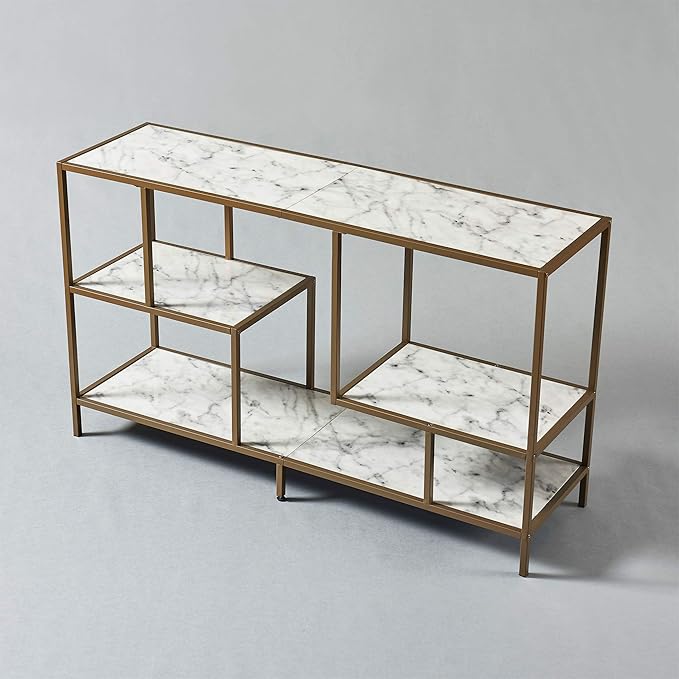 Teamson Home Marmo Sideboard Storage Cabinet TV Stand with Faux Marble Top for Livingroom Home and Office, 32 Inch Height, Brass - LeafyLoom