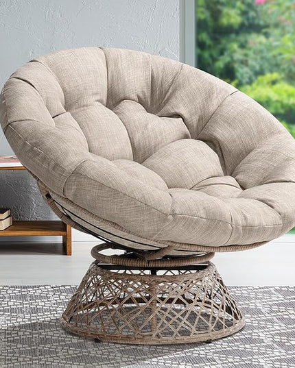 Bme 40" Ergonomic Wicker Papasan Chair with Soft Thick Density Fabric Cushion, High Capacity Steel Frame, 360 Degree Swivel for Living, Bedroom, Reading Room, Lounge, Silver Cloud - Brown Base - LeafyLoom