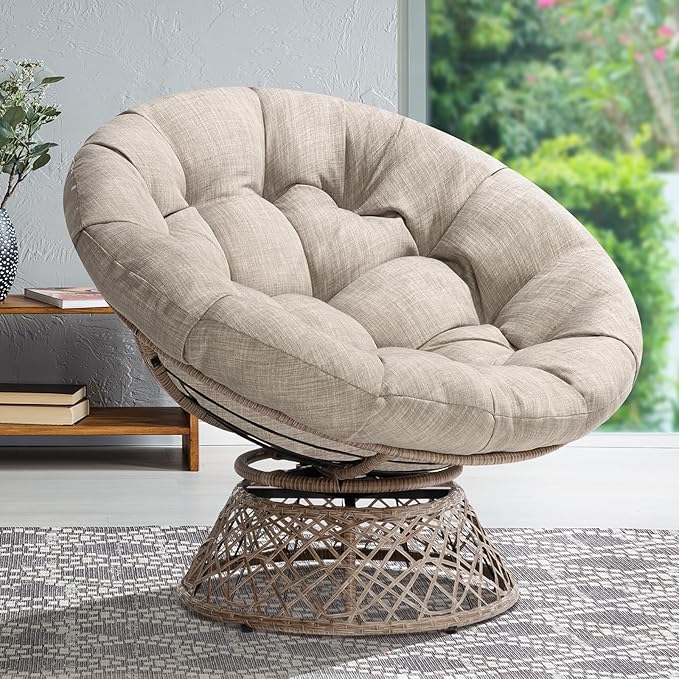 Bme 40" Ergonomic Wicker Papasan Chair with Soft Thick Density Fabric Cushion, High Capacity Steel Frame, 360 Degree Swivel for Living, Bedroom, Reading Room, Lounge, Silver Cloud - Brown Base - LeafyLoom