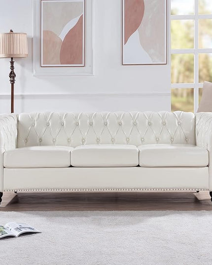 3-Seaters Living Room Clasic Chesterfield Sofa Couch Button Tufted PU Leather Upholstered Sofa&Couch with Luxury Roller Armrest Soild Wood Legs Movable Cushions & Nailhead Decor - LeafyLoom