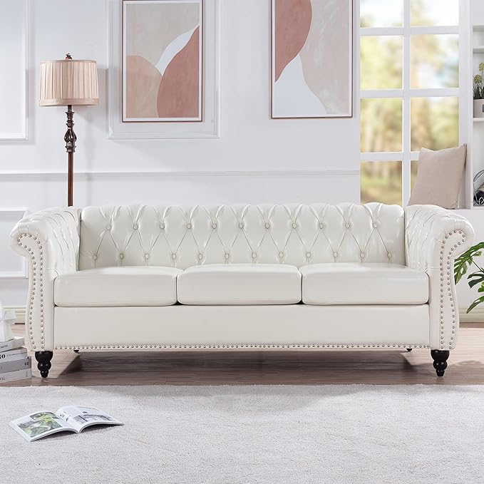 3-Seaters Living Room Clasic Chesterfield Sofa Couch Button Tufted PU Leather Upholstered Sofa&Couch with Luxury Roller Armrest Soild Wood Legs Movable Cushions & Nailhead Decor - LeafyLoom