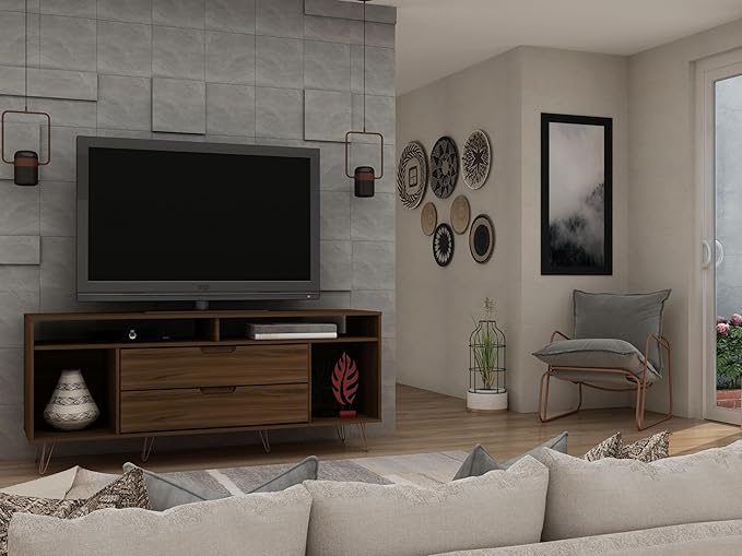 Manhattan Comfort Rockefeller Modern 2 Drawers Living Room Television Stand with Metal Legs, 62.99", Brown - LeafyLoom