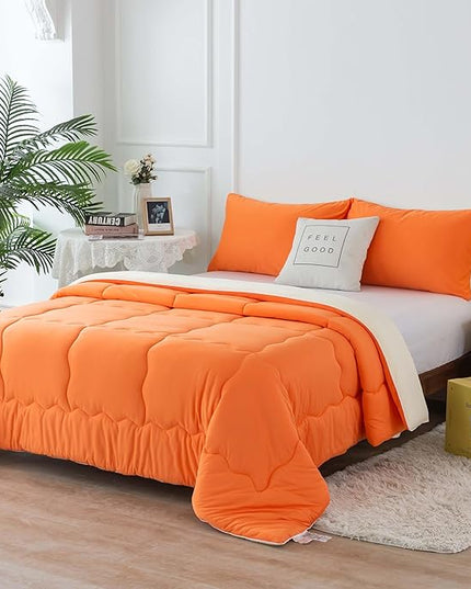 COTTEBED Reversible Ultra-Soft Bright Orange and Beige Comforter Set Queen, Jersey Knit T-Shirt Feel Bedding Blanket Down Conforters Sets & Pillowsham for Men Women All Season Use, Full/Queen Size Bed - LeafyLoom