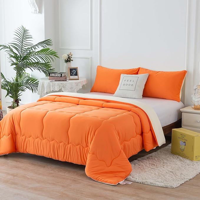COTTEBED Reversible Ultra-Soft Bright Orange and Beige Comforter Set Queen, Jersey Knit T-Shirt Feel Bedding Blanket Down Conforters Sets & Pillowsham for Men Women All Season Use, Full/Queen Size Bed - LeafyLoom
