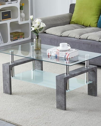 Coffee Table - Rectangle Glass Coffee Table with Simple and Classical Inspired Design, Easy Assembly for Modern Living, 39.5 * 23.5 * 17.5 inches (Grey Marble) - LeafyLoom