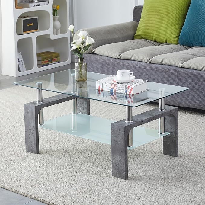 Coffee Table - Rectangle Glass Coffee Table with Simple and Classical Inspired Design, Easy Assembly for Modern Living, 39.5 * 23.5 * 17.5 inches (Grey Marble) - LeafyLoom