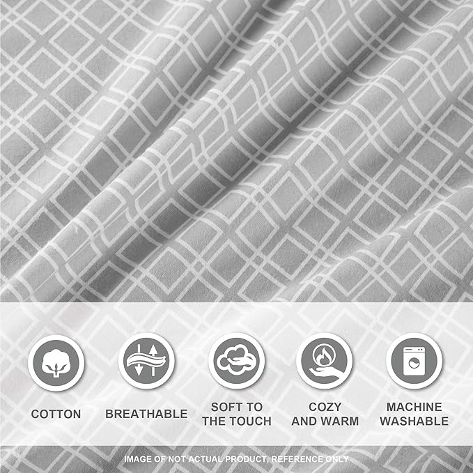 Comfort Spaces Cotton Flannel Breathable Warm Deep Pocket Sheets with Pillow Case Bedding, King, Grey Geo 4 Piece - LeafyLoom