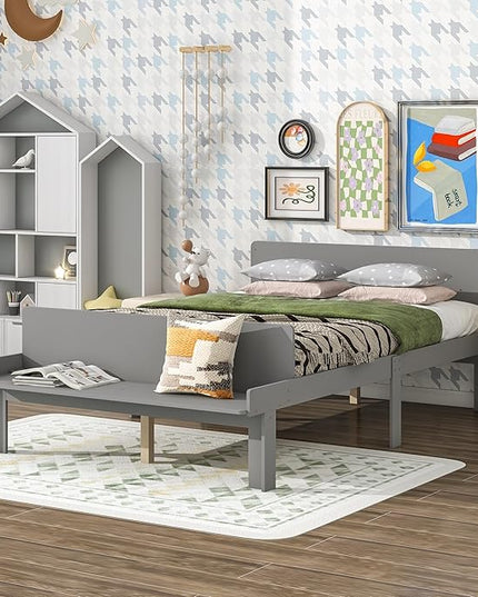 Full Bed with Footboard Bench, Full Kid Bed with Headboard, Wood Slat Support, Cute Kid Bed Frame with Book Storage Space, Full Car Bed for Boys Girls Bedroom, No Box Spring Needed, Grey - LeafyLoom
