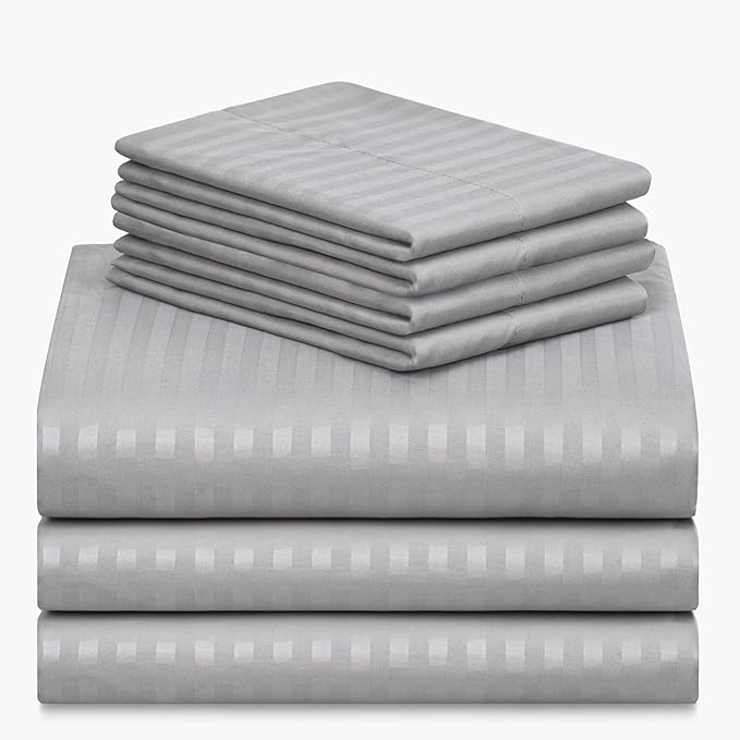 LuxClub 7 PC Split King Size Sheet Set Bed Sheets, Breathable Luxury Bed Sheets, Deep Pockets 18" Wrinkle Free Cooling Bed Sheets Machine Washable Hotel Bedding (Split King, Striped Light Grey) - LeafyLoom