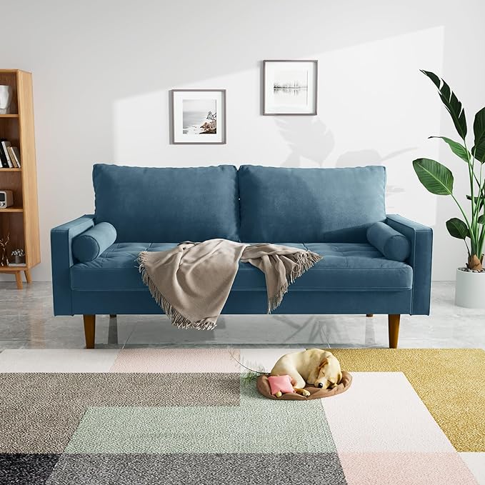 Velvet Furniture for Small Spaces, Mid-Century Modern Loveseats for Living Room, Love Seat Couch Sofas, 70 Inches, Prussian Blue - LeafyLoom