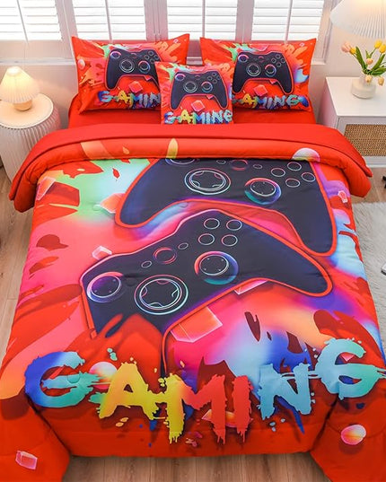 Aimuan Gamer Gaming Bedding Sets 3D Gamepad Comforter Sets for Boys Games Console Action Buttons Novelty Colorful Game Controller Modern Room Decor Home Quilt Set (Red, Full 6PCS) - LeafyLoom