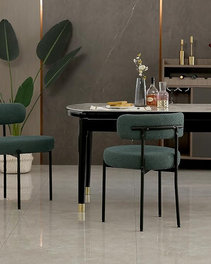 DYHOME Green Dining Chairs Set of 2, Mid-Century Modern Dining Chairs, Kitchen Dining Room Chairs, Curved Backrest Round Upholstered Boucle Sherpa Dining Chair with Black Metal Legs - LeafyLoom