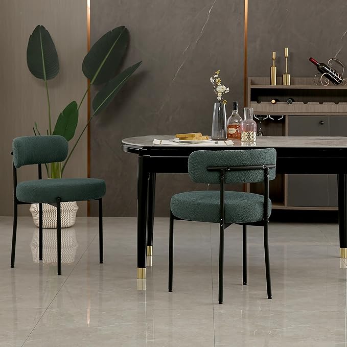 DYHOME Green Dining Chairs Set of 2, Mid-Century Modern Dining Chairs, Kitchen Dining Room Chairs, Curved Backrest Round Upholstered Boucle Sherpa Dining Chair with Black Metal Legs - LeafyLoom