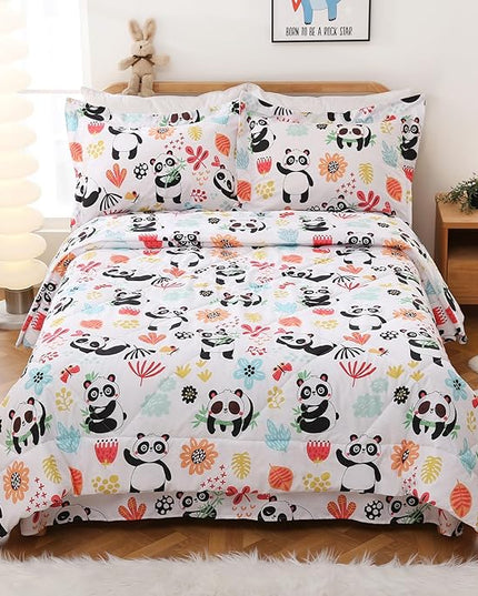 JSD Panda Flower Kids Comforter Set, 3 Pieces Queen Microfiber Comforter with Pillow Sham, Soft Comfortable Machine Washable - LeafyLoom