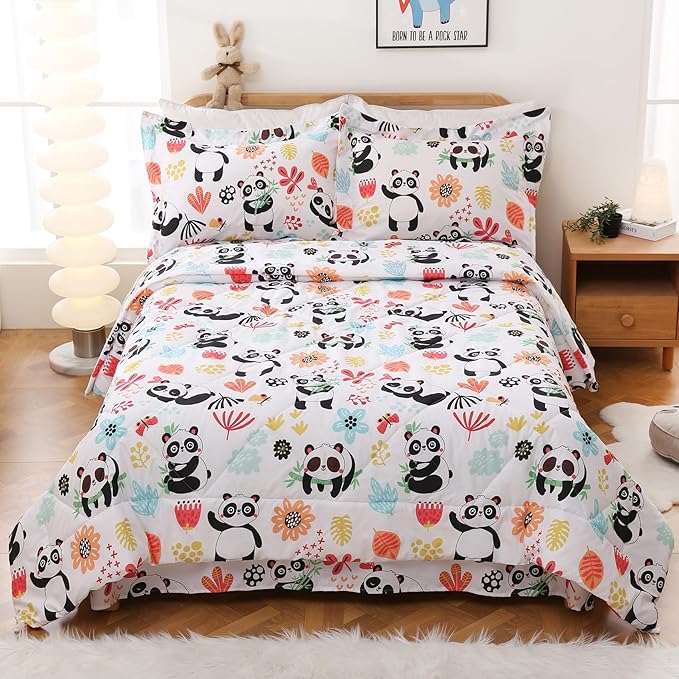 JSD Panda Flower Kids Comforter Set, 3 Pieces Queen Microfiber Comforter with Pillow Sham, Soft Comfortable Machine Washable - LeafyLoom