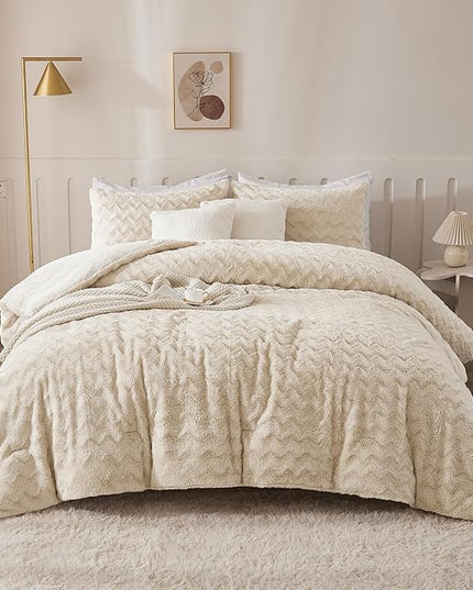 Andency Fleece Beige Comforter Set King, 3 Pieces Fuzzy Plush Faux Fur Bedding Comforter, Fluffy Shaggy Warm Sherpa Bed Set for Winter (104x90Inch Comforter) - LeafyLoom