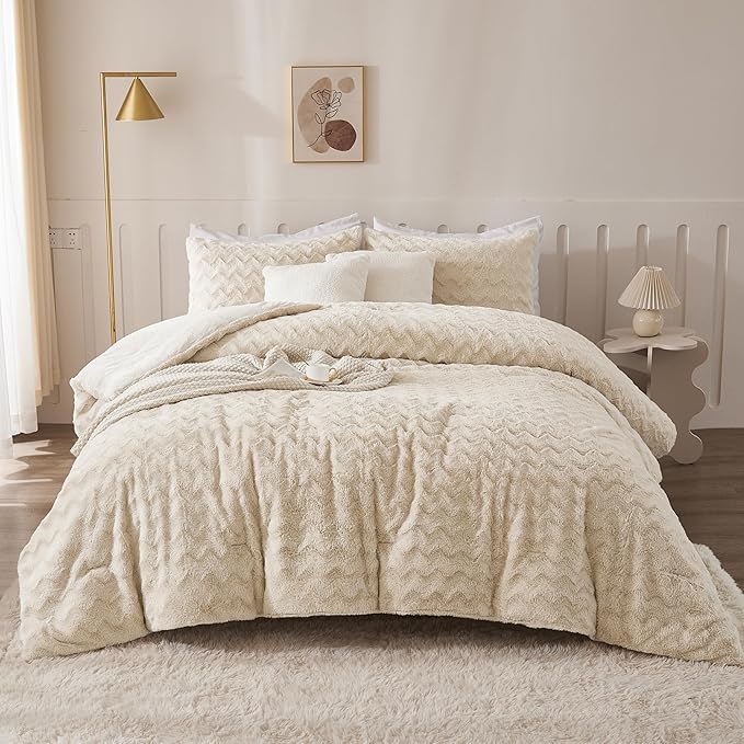 Andency Fleece Beige Comforter Set King, 3 Pieces Fuzzy Plush Faux Fur Bedding Comforter, Fluffy Shaggy Warm Sherpa Bed Set for Winter (104x90Inch Comforter) - LeafyLoom