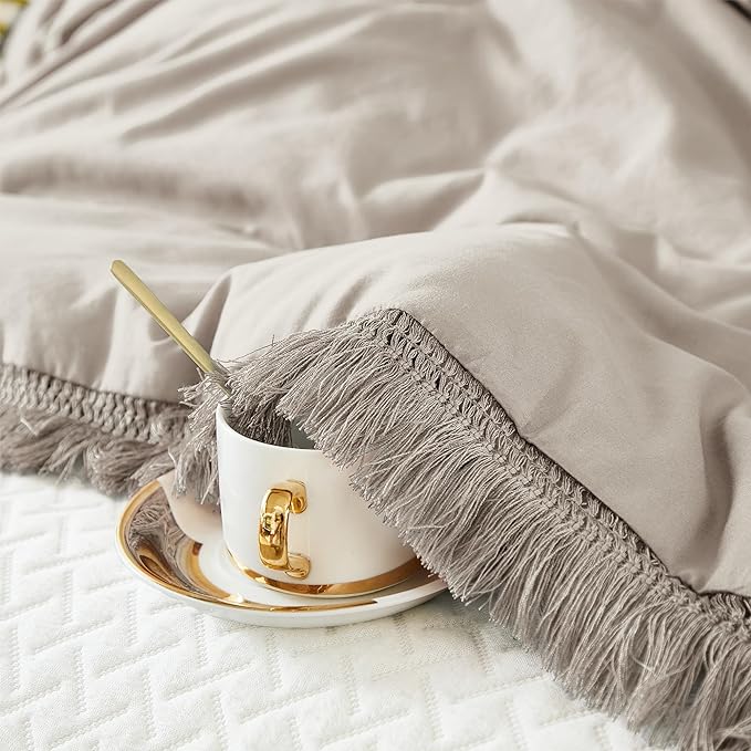 Litanika Linen Grey Cal King Size Comforter Set, Boho Tassel Comforter Aesthetic 3 Pieces, Lightweight Fringe Microfiber Bedding Set for All Season(1 Comforter 104x96 inch, 2 Pillowcases) - LeafyLoom