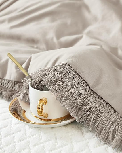 Litanika Linen Grey King Size Comforter Set, Beige Boho Tassel Comforter Aesthetic 3 Pieces, Oatmeal Lightweight Fringe Microfiber Bedding Set for All Season(1 Comforter 104x90 inch, 2 Pillowcases) - LeafyLoom