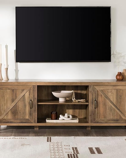 Walker Edison Georgetown Modern Farmhouse Double Barn Door TV Stand for TVs up to 80 Inches, 70 Inch, Rustic Oak, Without Fireplace, 15.75 x 70 x 24 inches - LeafyLoom