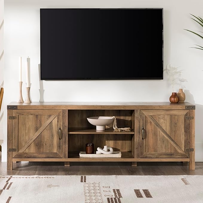 Walker Edison Georgetown Modern Farmhouse Double Barn Door TV Stand for TVs up to 80 Inches, 70 Inch, Rustic Oak, Without Fireplace, 15.75 x 70 x 24 inches - LeafyLoom