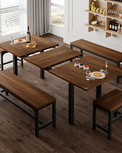 Feonase 5-Piece Dining Table Set for 4-8 People, 63" Extendable Kitchen Table Set with 2 Benches and 2 Square Stools, Dining Room Table with Heavy-Duty Frame, Easy Assembly, Walnut - LeafyLoom