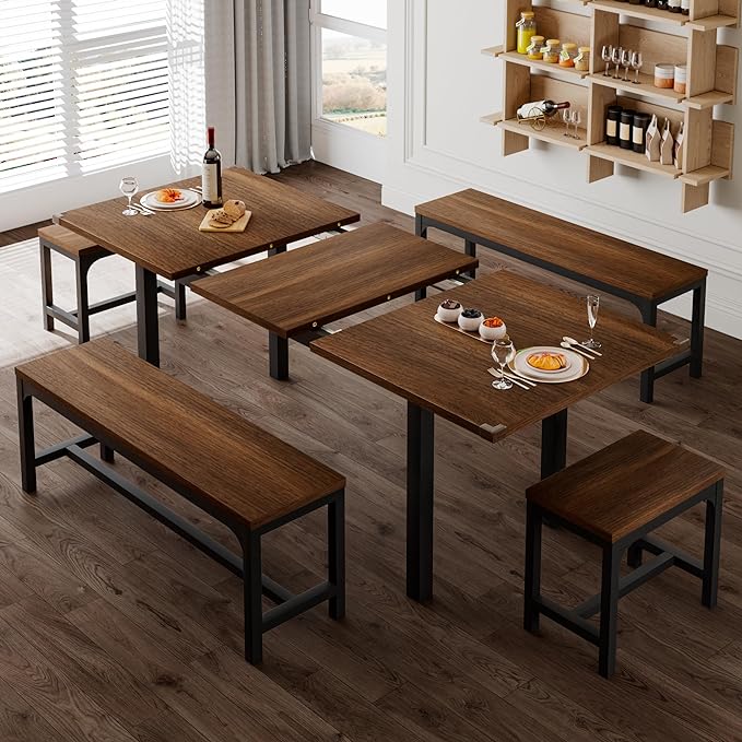 Feonase 5-Piece Dining Table Set for 4-8 People, 63" Extendable Kitchen Table Set with 2 Benches and 2 Square Stools, Dining Room Table with Heavy-Duty Frame, Easy Assembly, Walnut - LeafyLoom