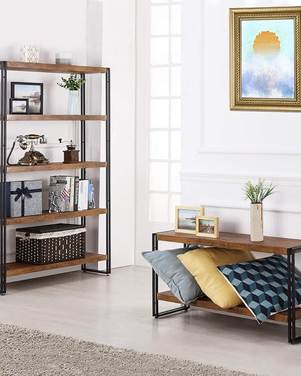 2 Shelf Bookcase Small Display Book Shelf Rustic Industrial, Brown - LeafyLoom