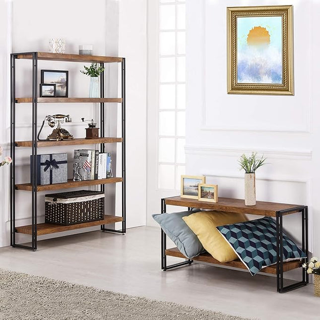 2 Shelf Bookcase Small Display Book Shelf Rustic Industrial, Brown - LeafyLoom