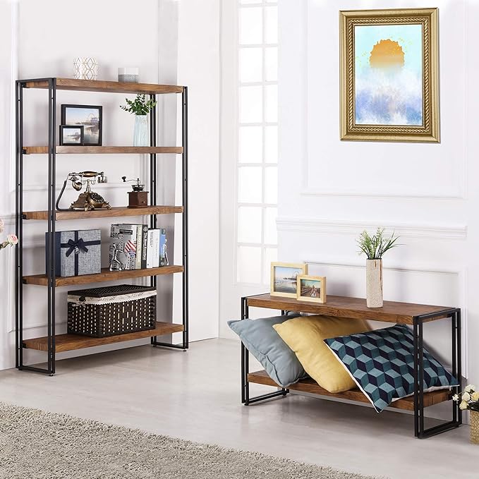 2 Shelf Bookcase Small Display Book Shelf Rustic Industrial, Brown - LeafyLoom