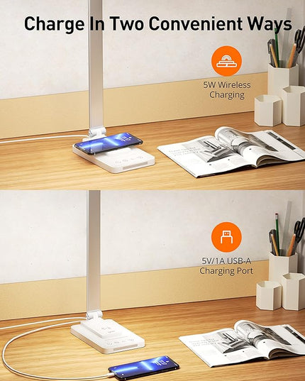 LED Desk Lamp, Desk Lamp with Wireless Charger, Dimmable Eye-Caring Table Lamps with Night Light, USB Charging Port, 4 Color Modes, 4 Brightness Levels, Memory Function, Desk Light for Home Office - LeafyLoom