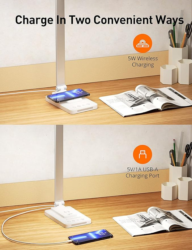 LED Desk Lamp, Desk Lamp with Wireless Charger, Dimmable Eye-Caring Table Lamps with Night Light, USB Charging Port, 4 Color Modes, 4 Brightness Levels, Memory Function, Desk Light for Home Office - LeafyLoom