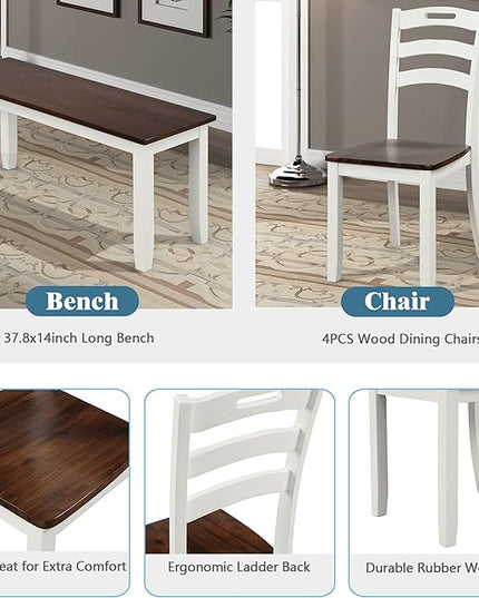 Modern Style 6 Piece Table 4 Chairs and Multifunctional Bench, Spacious Set, Long-Lasting Solid Rubber Wood, for Kitchen, Dining Room, Ivory - LeafyLoom
