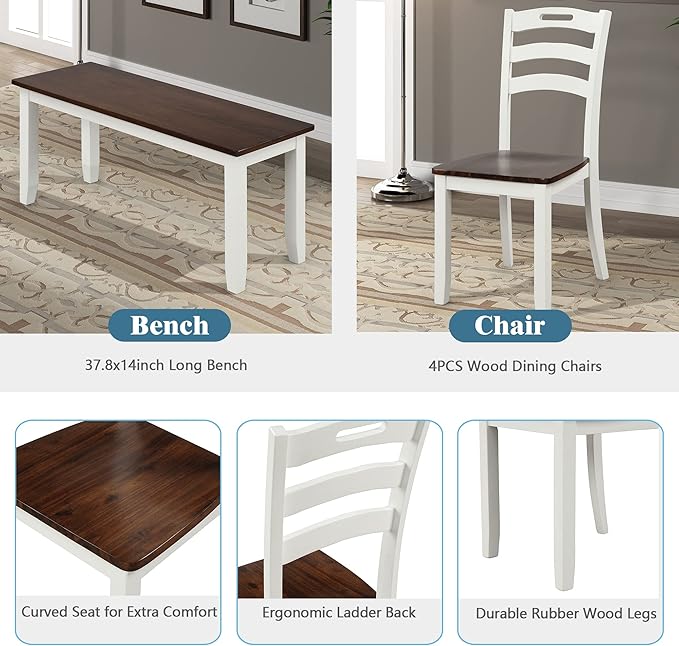 Modern Style 6 Piece Table 4 Chairs and Multifunctional Bench, Spacious Set, Long-Lasting Solid Rubber Wood, for Kitchen, Dining Room, Ivory - LeafyLoom