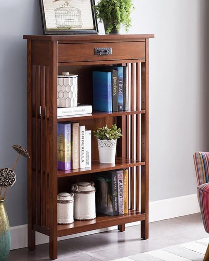Leick Home 82262 Mission Mantel Height Bookcase with Slatted Sides and Top Drawer, Made with Solid Wood, for Living Rooms, Mission Oak Finish, Brownbronze - LeafyLoom