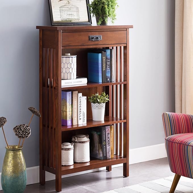 Leick Home 82262 Mission Mantel Height Bookcase with Slatted Sides and Top Drawer, Made with Solid Wood, for Living Rooms, Mission Oak Finish, Brownbronze - LeafyLoom