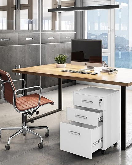 Lazio 26 Inch File Cabinet with Lock - Filing Cabinet for Home and Office - 3 Drawer File Cabinet with Wheels for A4 Sized Letters/Documents, Legal Sized Documents, Hanging File Folders - White/White - LeafyLoom