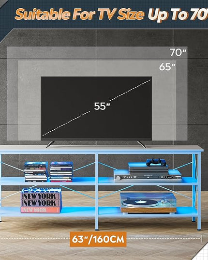 WLIVE TV Stand up to 70 Inch TV, 63" Entertainment Center with LED, TV Media Console with 3-Tier Storage Shelves for Living Room and Bedroom, White - LeafyLoom