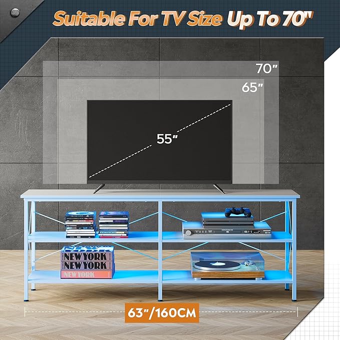 WLIVE TV Stand up to 70 Inch TV, 63" Entertainment Center with LED, TV Media Console with 3-Tier Storage Shelves for Living Room and Bedroom, White - LeafyLoom