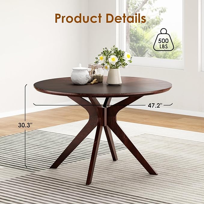 Soohow 47.2''Round Dining Table Dining Room Table Seats Up to 4-6 People,Kitchen Table Wood Dining Table Round Farmhouse Dining Table with Intersecting Pedestal Base,Black Walnut - LeafyLoom